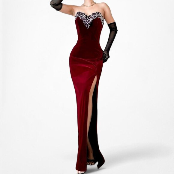 Vintage Burgundy Red Strapless Sequin Beaded Velvet Bodycon Maxi Slit Prom Dress - Picture 3 of 7